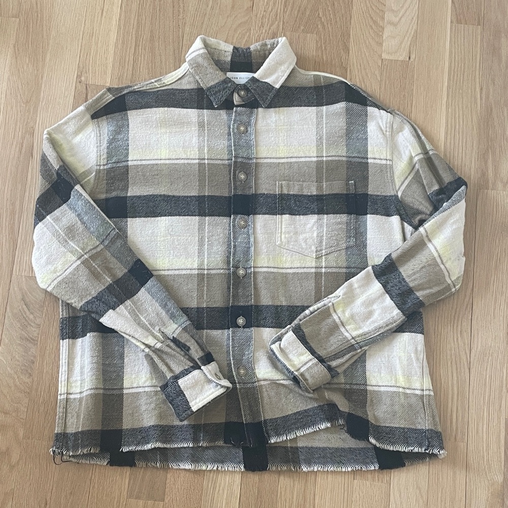 John Elliott Men's Plaid Button-Up Shirt Jacket - Cream & Black - Size 1 (Small)